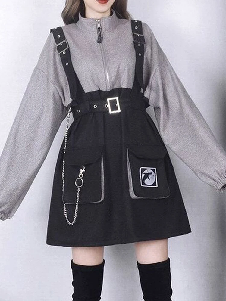 

Vintage Women Gothic Punk Lolita Dress Casual High Waist Long Sleeve Hat Collar Sexy Gry Black Girls Mini Dresses Gothic Clothes