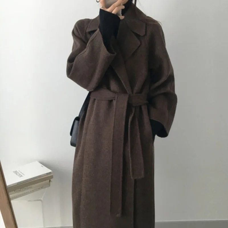 

Women Elegant Long Wool Coat With Belt Solid Color Long Sleeve Chic Outerwear Ladies Drop Shoulder Overcoat 2022