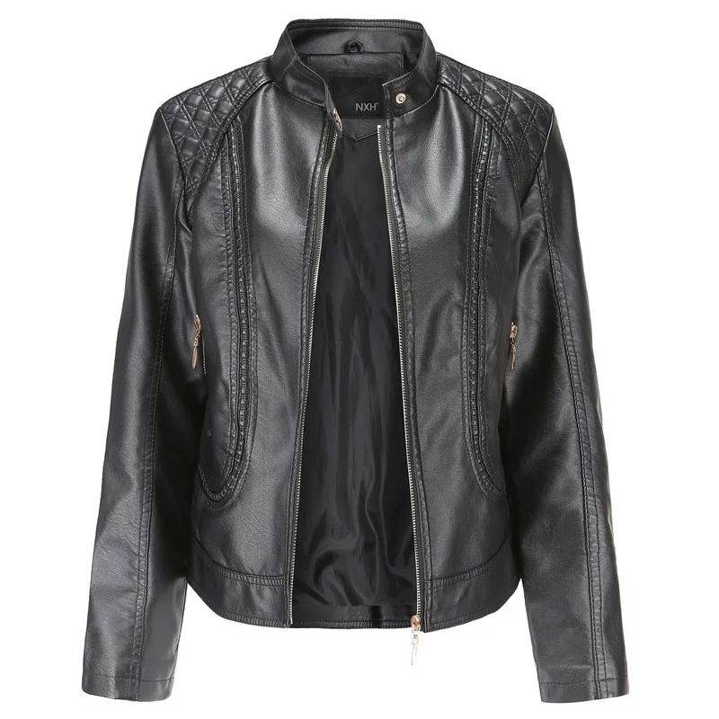Spring and Autumn Ladies Genuine Leather Jacket Stand Collar PU Leather Jacket Ladies Long Sleeve Coat