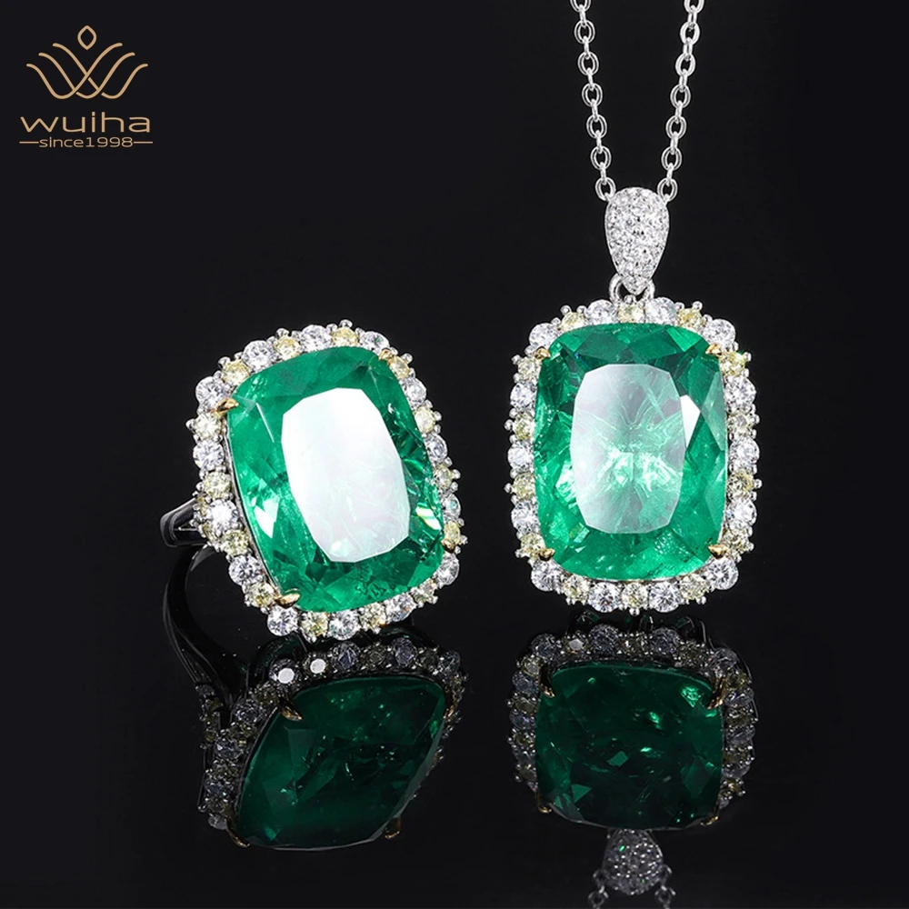 

WUIHA Luxury 925 Sterling Silver 15*20MM Emerald Faceted Gemstone Ring/Pendant/Necklace Anniversary Gift Jewelry Set Wholesale