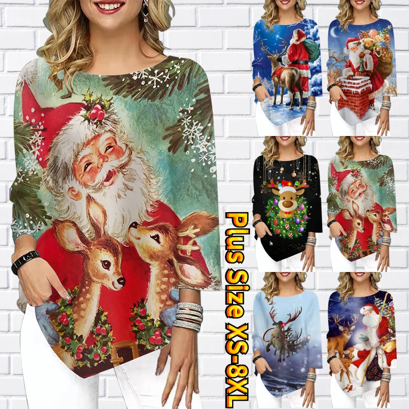 Women's T Shirt Christmas Santa Claus Reindeer Theme Sparkly Long Sleeve Round Neck Basic Shirt Top Autumn Casual XS-8XL