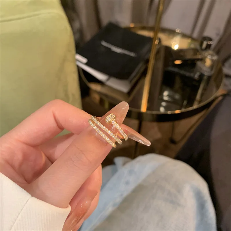 

Delicate Yellow Gold Color Nail Rings Female Trendy Three Layer Twisted Ring Shiny Zircon Inlaid Women's Party Cocktail Ring