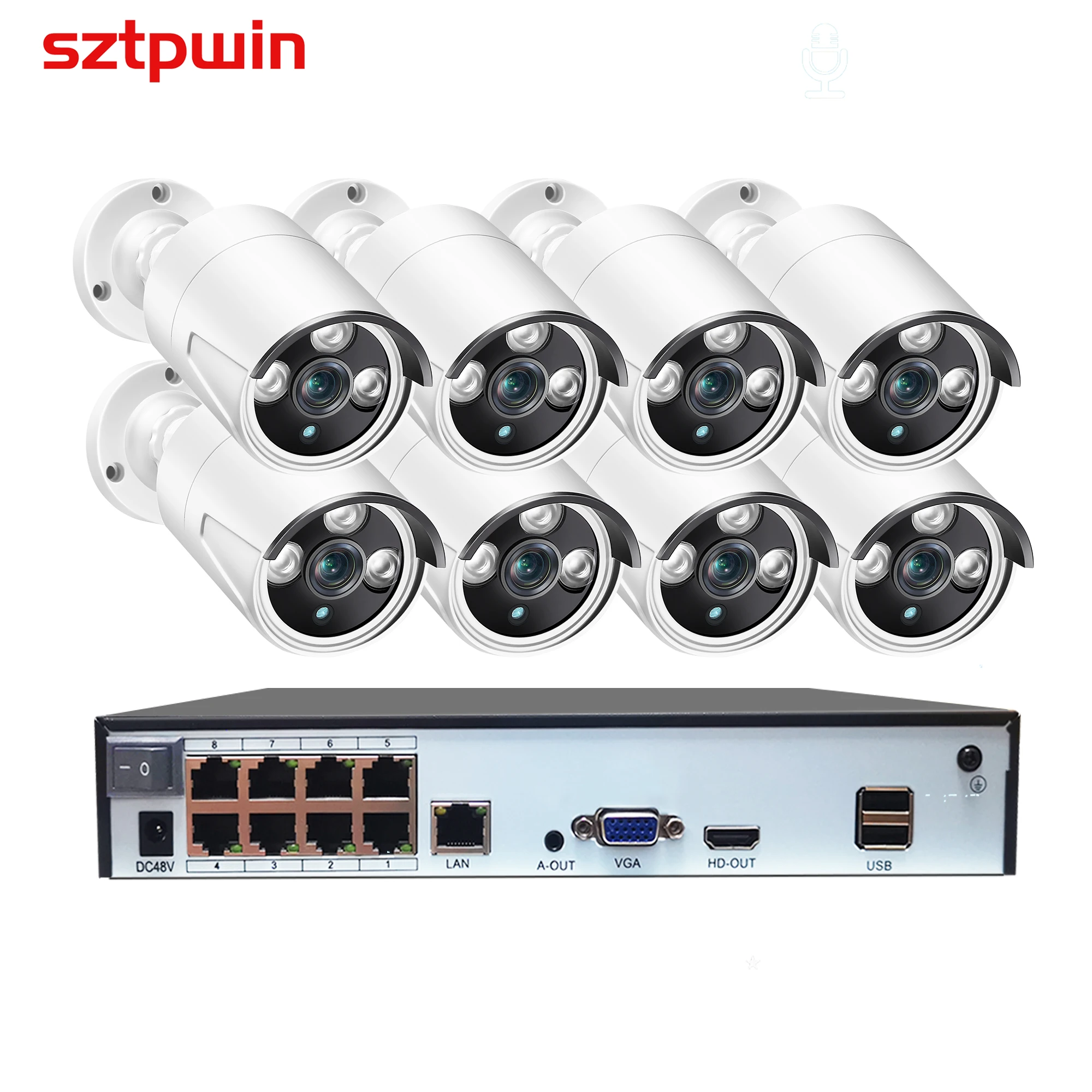 

Система видеонаблюдения H.265 + 8 каналов, NVR-Регистратор POE и Onvif на 4,0 МП, IP-камера с записью звука на 4 МП, с функцией распознавания лиц, P2P, инфракрасное наружное наблюдение