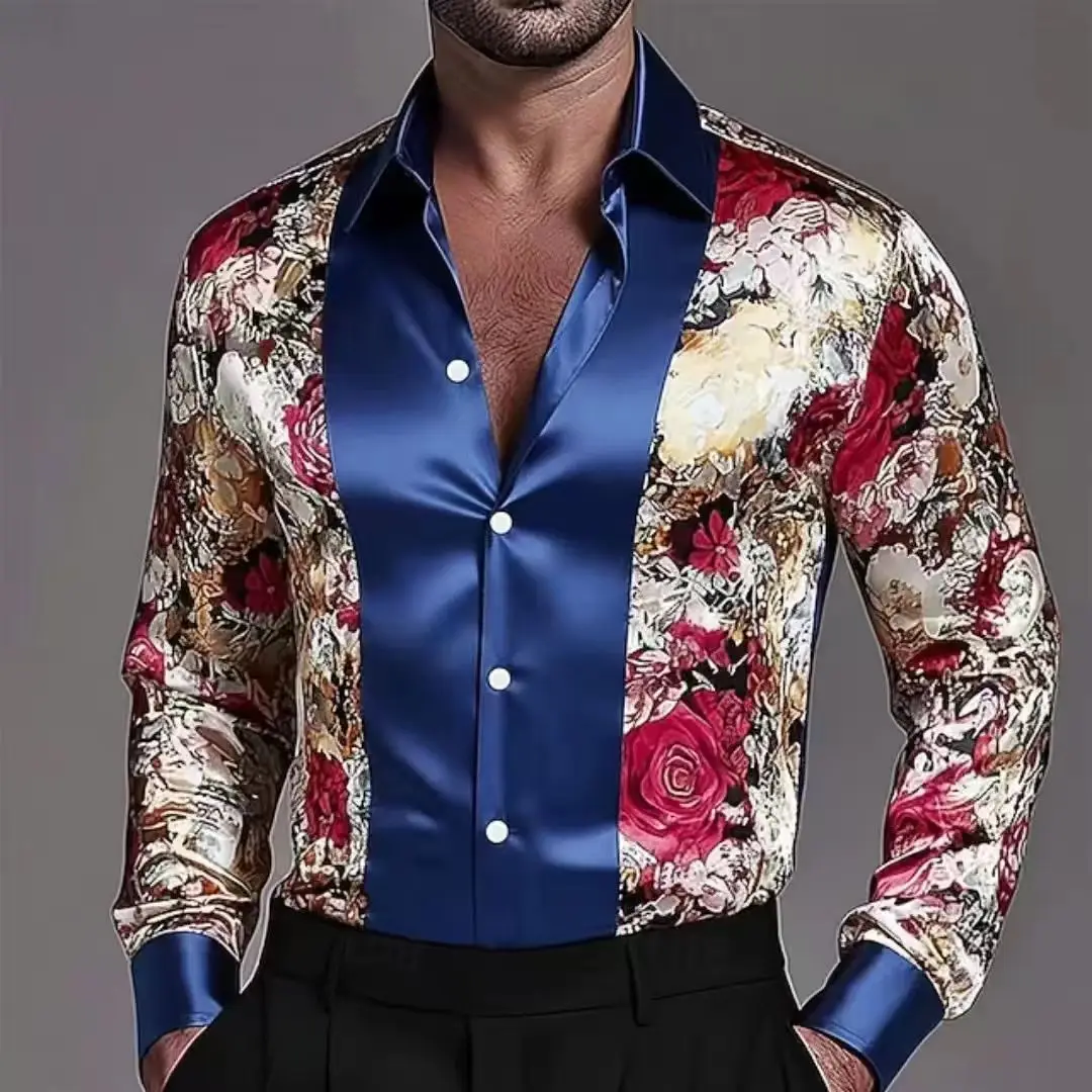 Фото Мужская модная рубашка Slim Fit с контрастным атласным полосатым цветочным узором, элегантная и удобная, высококачественный повседневный топ №4