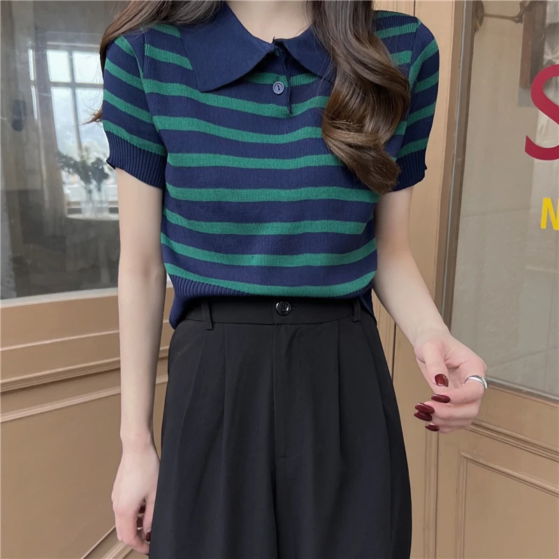 Summer Vintage Striped Polo Collar T Shirts Women's Knitted Short Sleeve Thin Cropped Tshirt Crop Top For Slim Girls images - 6