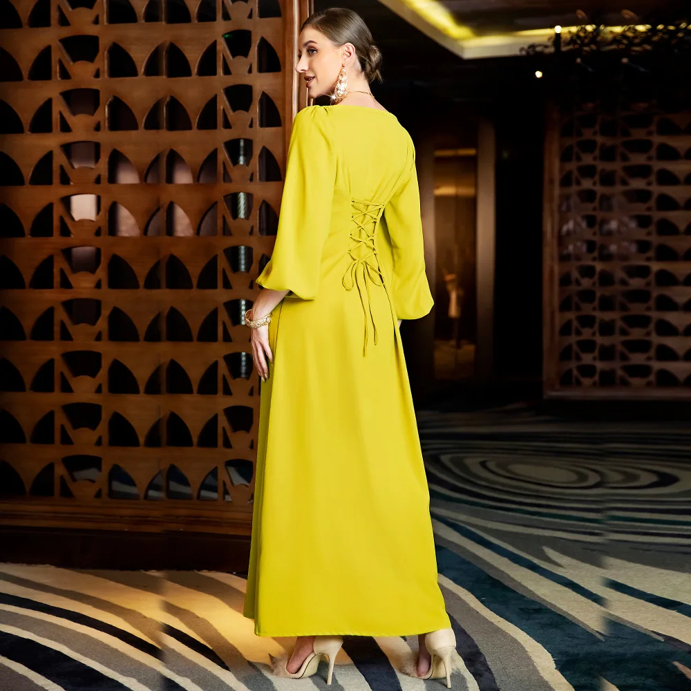 Women's Spring and Summer Muslim New Handmade Diamond Rice Beads Gold Ribbon Luxurious Slim Women's Slim Dress