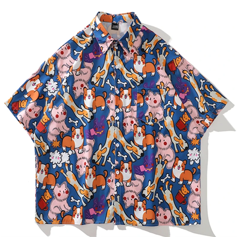 

Harajuku Japan Kawaii Puppy Anime Shirt for Men Women Summer Large 2XL Cute Beach Hawaii Casual Blouse Teenage Short Sleeve Tops