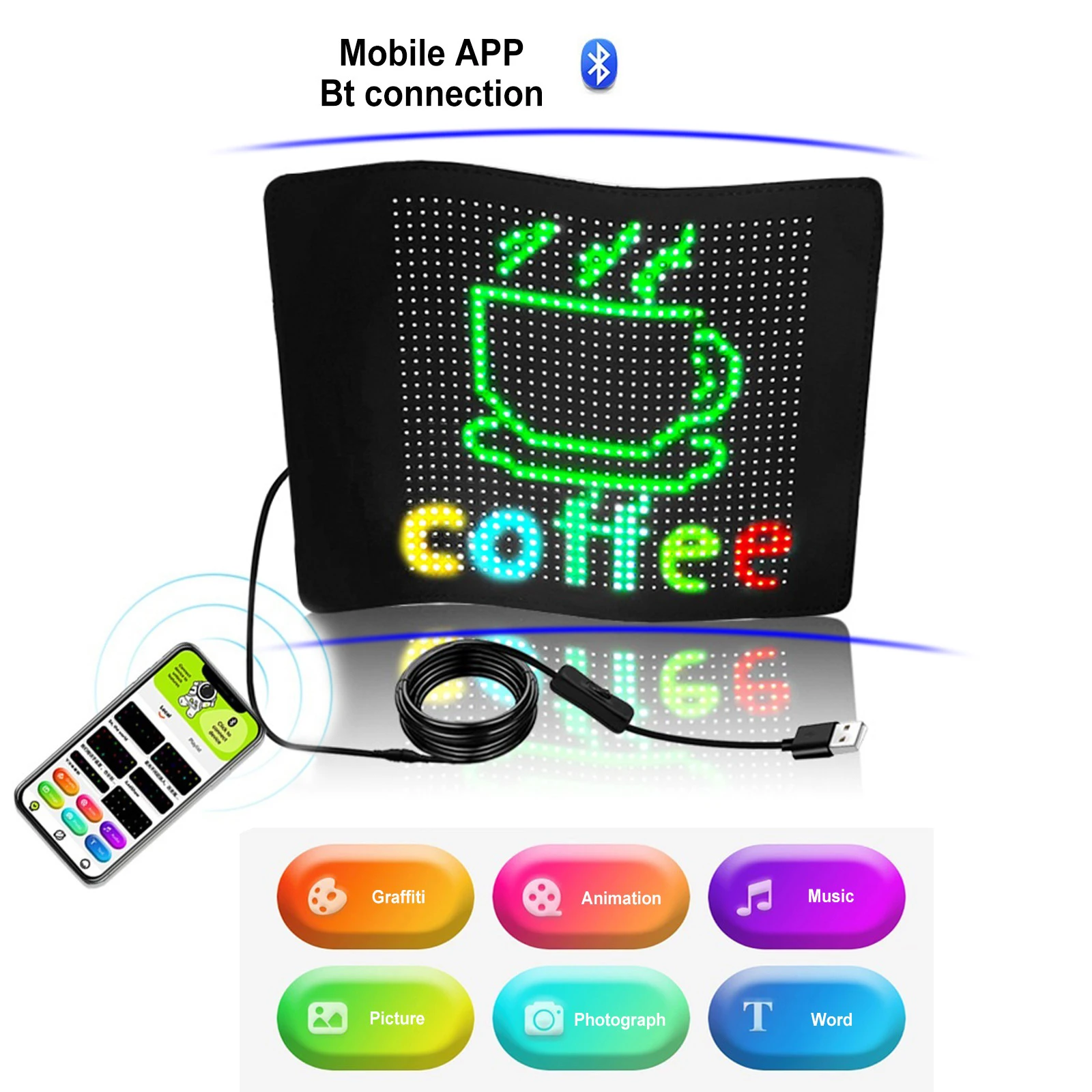 

32x32 Dots USB LED Flexible Display Foldable Color Car Rear Window LED Flexible Screen Various Languages APP Control
