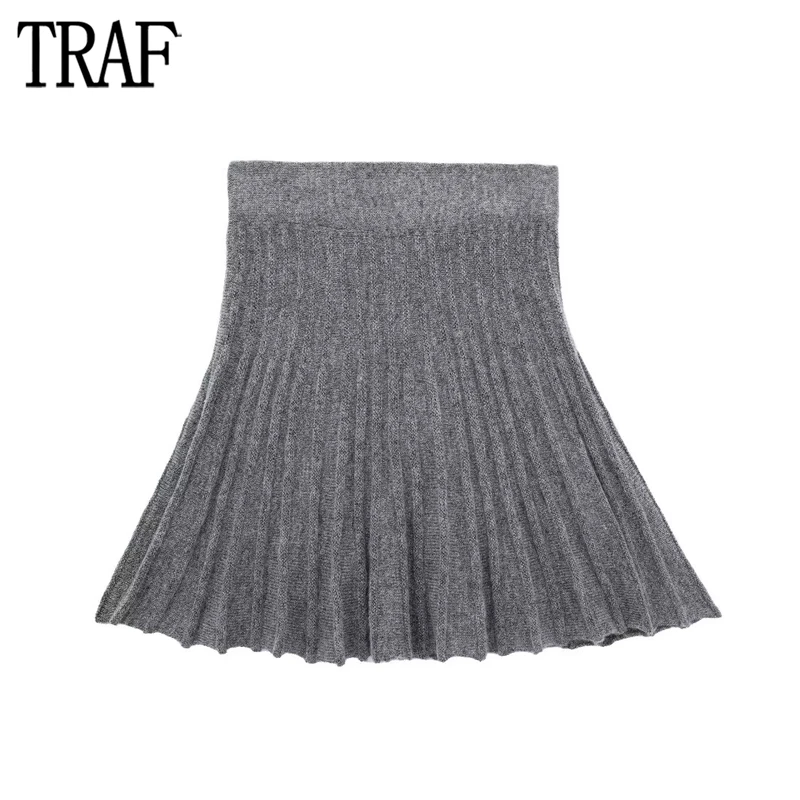 

TRAF 2023 Pleated Knit Skirt Women High Waist Mini Skirts for Women Autumn Basic Short Skirt Woman Streetwear Women's Skirts