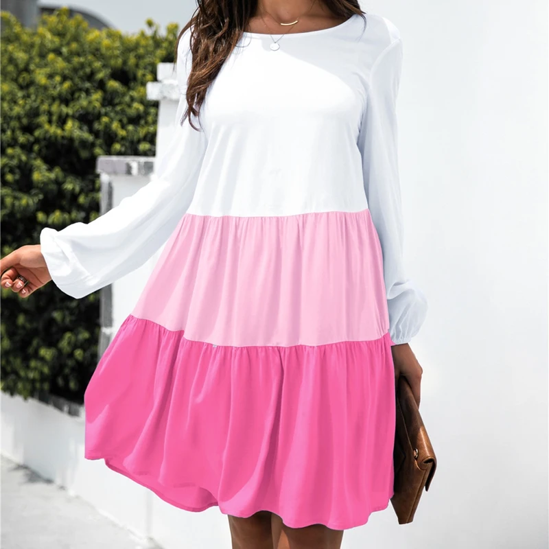 

Elegant Chic Casual Women Dress Autumn Stitching Contrast Long Sleeve O Neck Midi Dresses