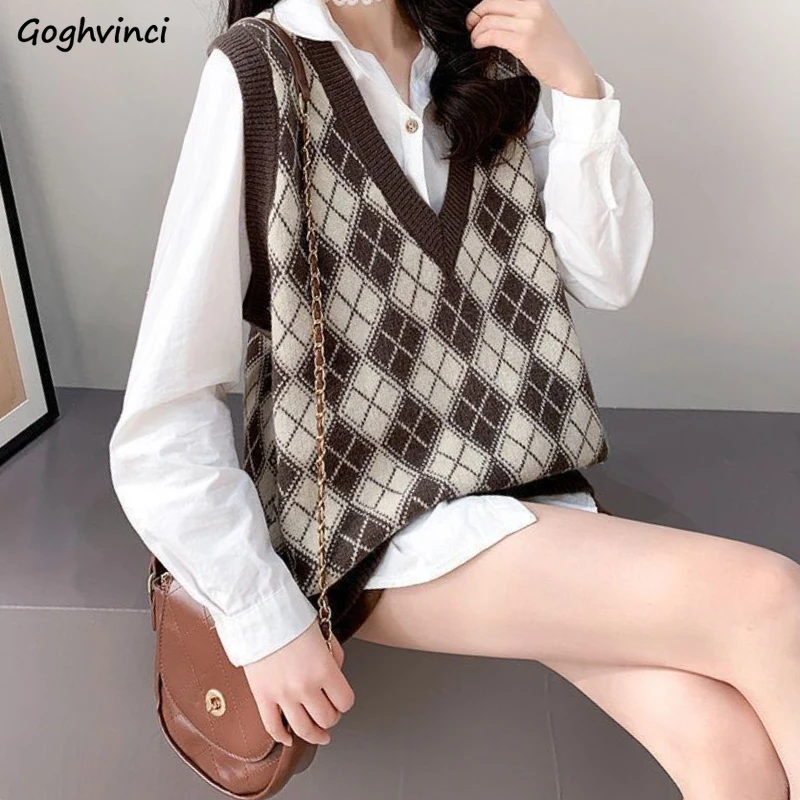 

Autumn Sweater Vests Women Classic Design Fashion Daily All-match Argyle Retro Korean Style Leisure Basic Female Knitwear V-neck