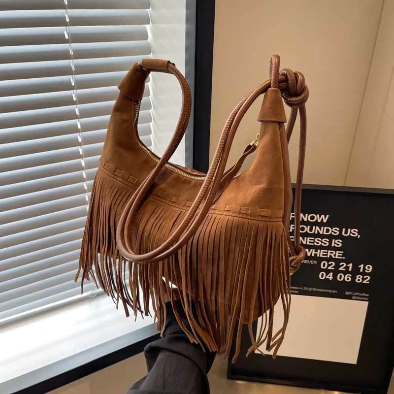 

Korean Retro Tassel Shoulder Bag for Women 2023 New Popular Versatile Nubuck Leather Crossbody Bag Fashion Commuter Handbags