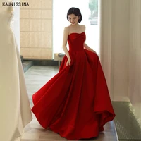 kaunissina sexy strapless a line evening dresses sleeveless floor length formal dress elegant satin red prom party gowns