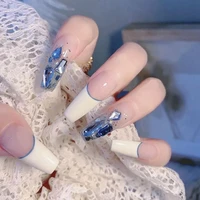 24pcsbox detachable coffin rhinestone false nails wearable french ballerina flower bow fake nails full cover nail tips press