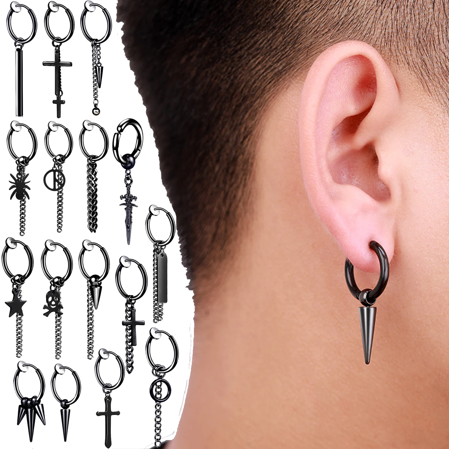 

SMALL TREE SINGLE SPIKE CROSS STAR ONCH EARRINGS FOR MEN HUGGIE HINGED STAINLESS STEEL MALE JEWELRY