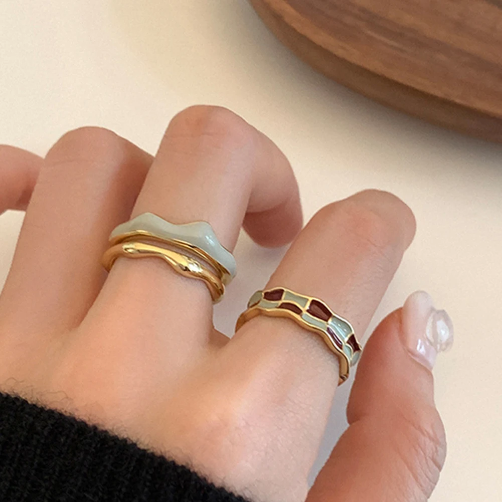 

French Vintage Enamel Checkerboard Wave Shaped Open Gold Color Rings For Girl’s 2023 New Jewelry Wedding Set Rings For Women