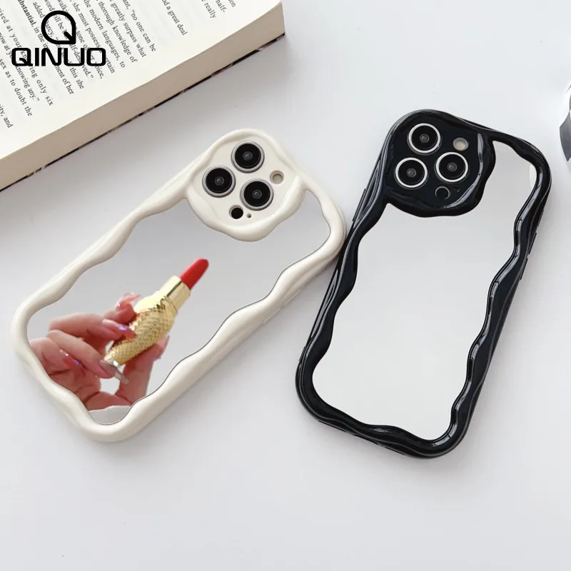 Роскошный зеркальный чехол для макияжа с вьющейся волной iPhone 16 15 14 Plus 11 12 13 Pro Max Mini