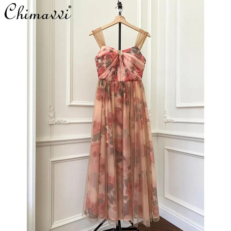 Summer New French Pastoral Flower Print Dress Beach Vacation Style Mesh Camisole Strapless Dress Elegant Long Womens Party Dress