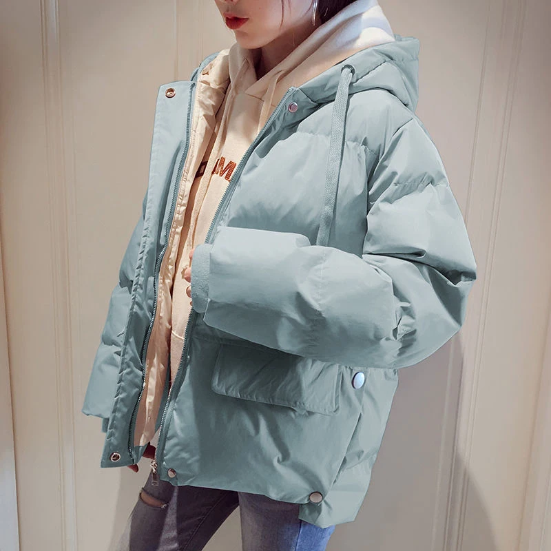 

QNPQYX New Winter Women's Down Cotton Jacket Casual Loose Thick Warm Hooded Parkas Woman Solid Color Short Padded Cotton Coats