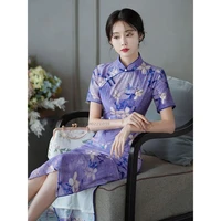 2022 chinese female satin dress elegant qipao flower print vintage cheongsam dress vestidos elegant formal dress party qipao
