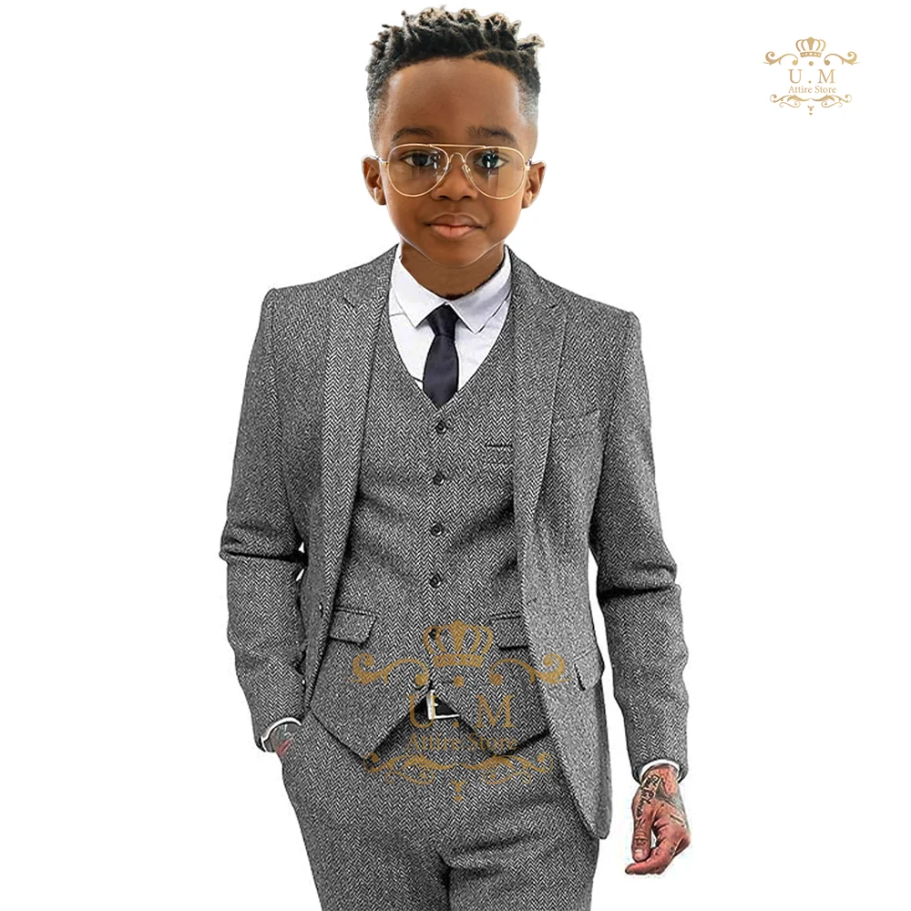 Первоклассный серый смокинг для мальчиков 3 шт. (пиджак + жилет брюки) однобортный