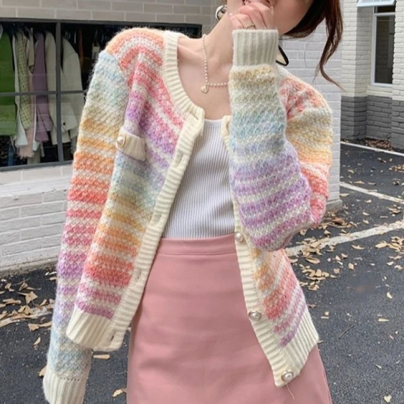 

2022 Autumn Rainbow Knitted Cardigan Button Long Sleeve Casual Elegant Sweater Female Kawaii Y2k Clothing Korean Style Pullover