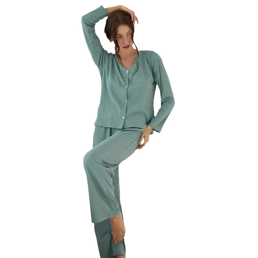 Женский домашний пижамный комплект в полоску зеленая кофта с длинным рукавом и