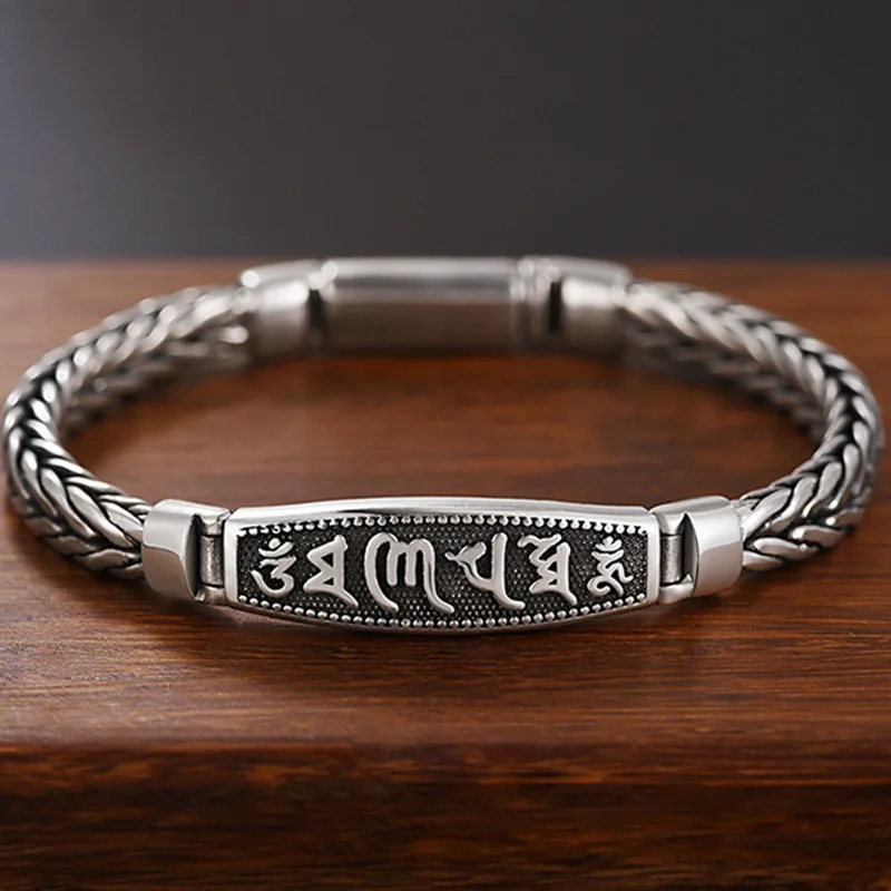 

Domineering Fashion S925 Thai Silver Men's Bracelet Six-character Mantra Weaving Trend Retro Chopin Chain Luxurious Jewelry