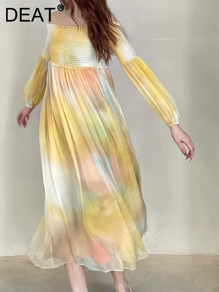 

Женское платье с вырезом-лодочкой DEAT, эластичные свободные плиссированные пляжные платья с длинным рукавом и поясом, 13DB2315, лето 2023