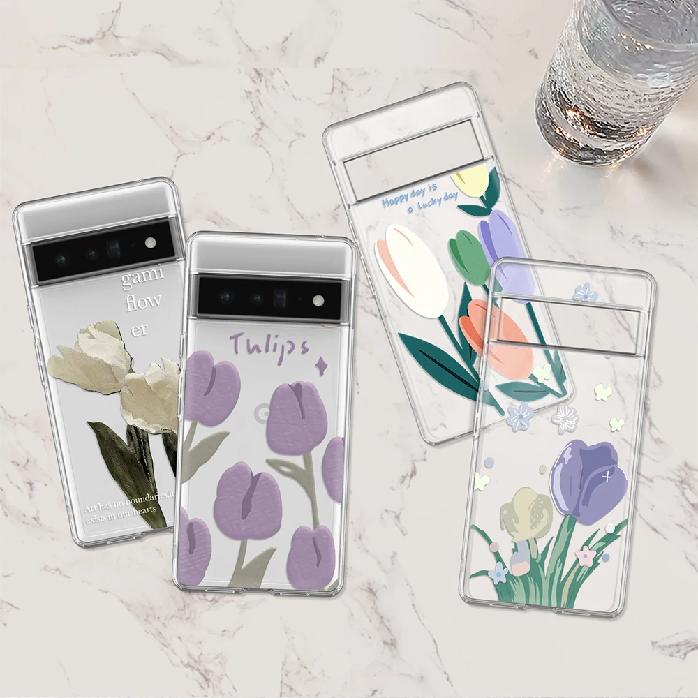 

Tulip Floral Case for Google Pixel 7a 7Pro 7 6a 6 6Pro 5 5a 5G 4XL 4 2 3XL 2XL 3 3a 3aXL 4a Transparent Soft TPU Silicone Fundas