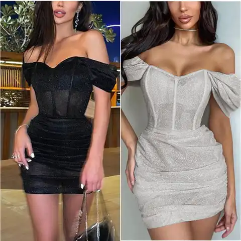 Women's Dress Collared Shoulder Sexy Low Cut Translucent Mesh Mini Dress Belted Hip Mini Dress Fashion Party Dress Female
