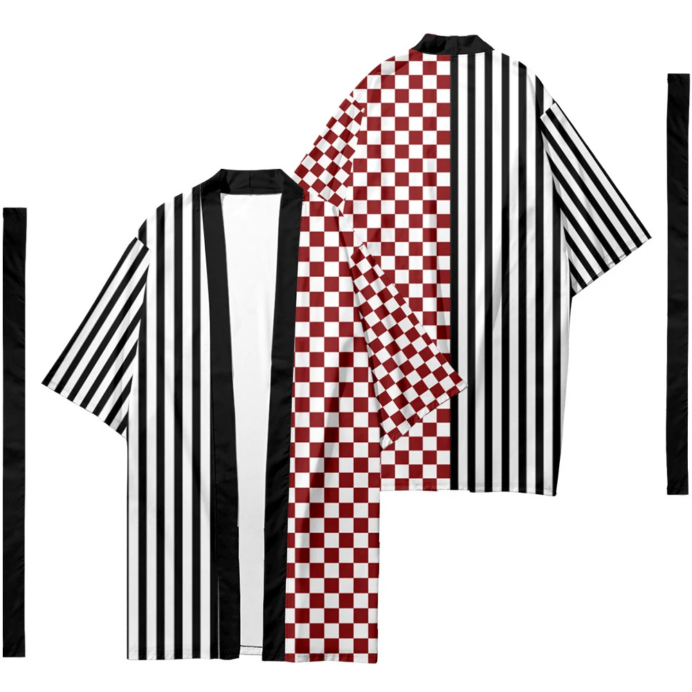 

Men's Japanese Long Kimono Cardigan Men's Samurai Suit Kimono Checkerboard Printed Kimono Shirt Yukata Jacket 4