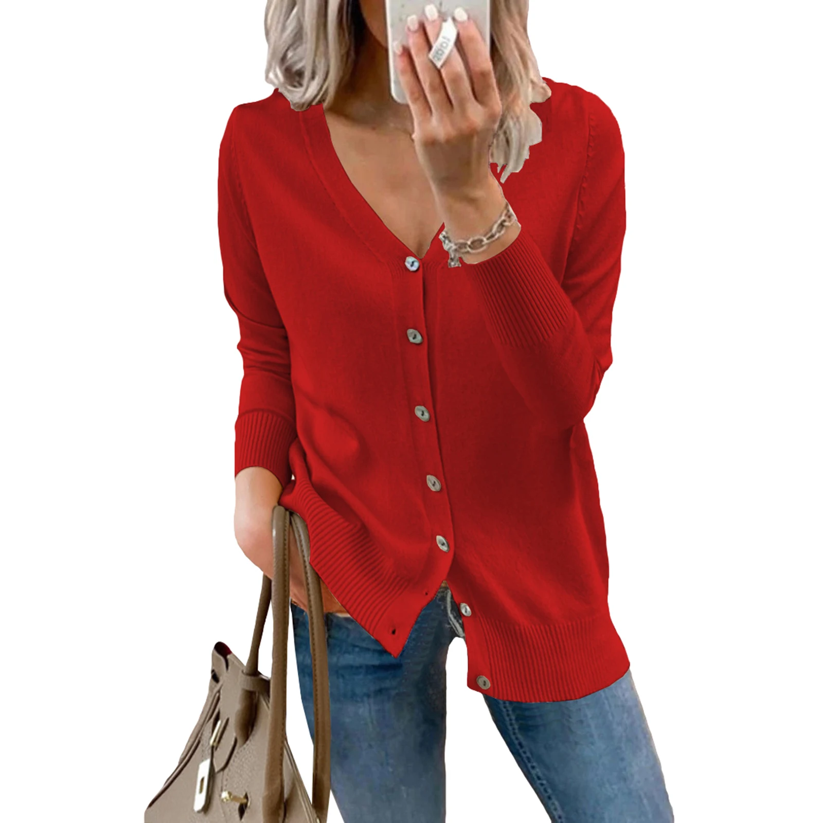 

Женский кардиган с V-образным вырезом, Однотонный свитер с длинным рукавом, повседневное мягкое вязаное пальто на пуговицах для осени