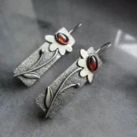 vintage leaf flower red crystal earrings for women bohemian handmade silver hanging statement earrings jewelry pendientes