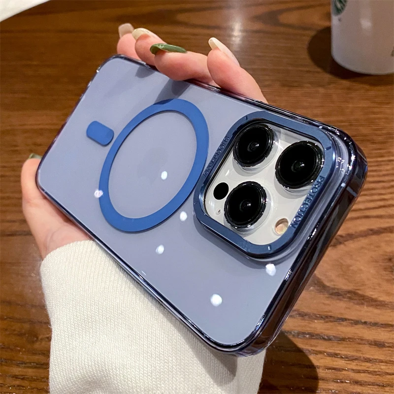 

Fashion Crystal Transparent Anti-drop Phone Case for iPhone 14 Plus 13 Pro Max Magsafe Magnetic Metal Camera Ring Clear PC Cover