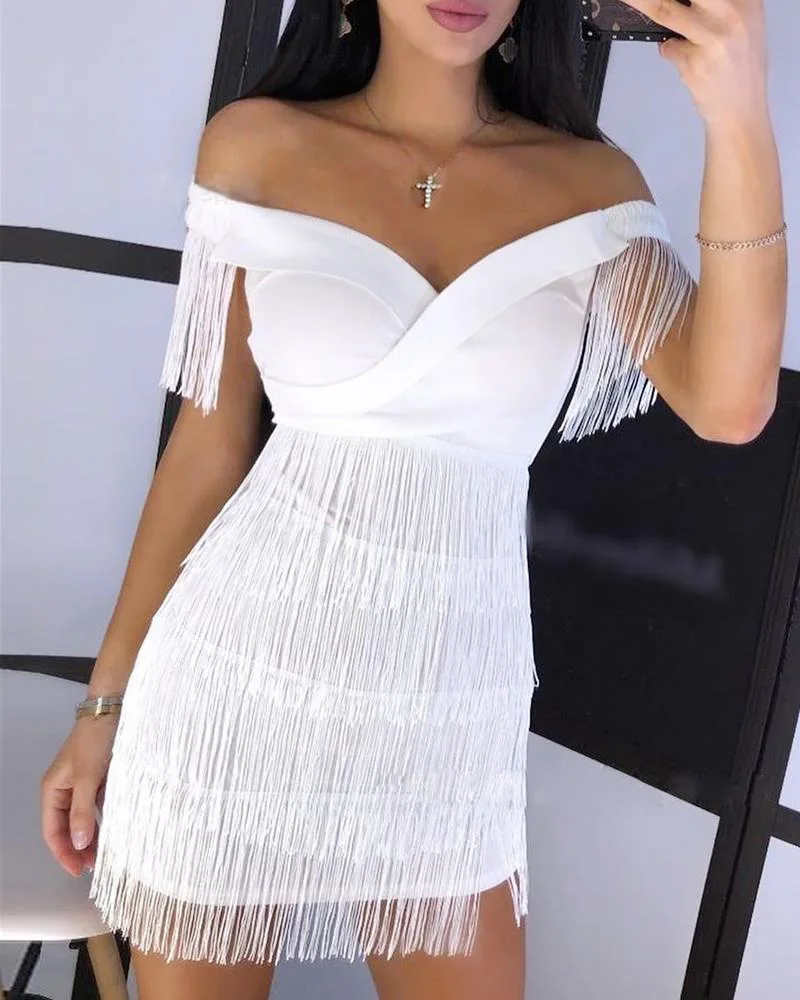 

Solid Slash Neck Tassel Dress Women Black White Stretchy Dress Summer Bodycon Party Dresses