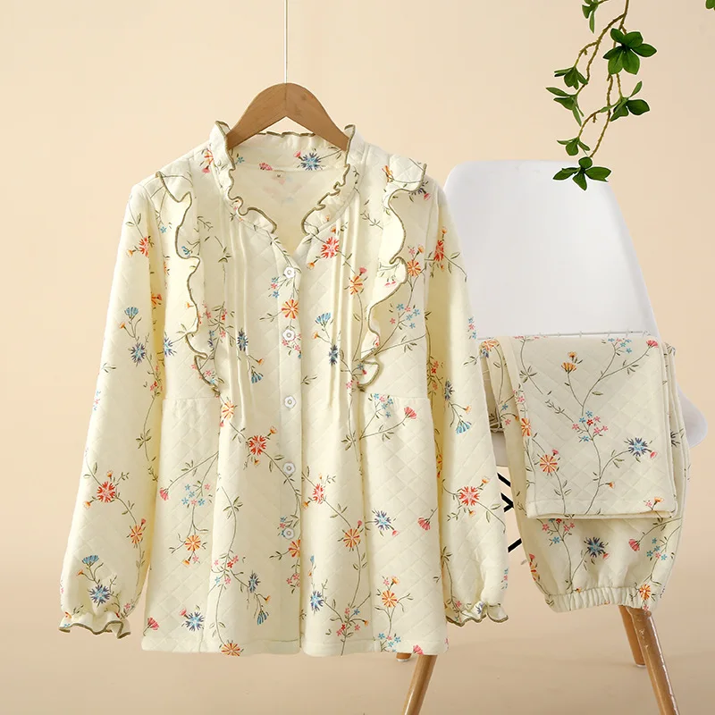 Cotton Air Layer Floral Pajamas Set New Autumn Winter Home War Warm Long Sleeve Pant Suit Casual Cute Nightwear Women Sleepwear