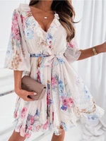 summer fashion elegant high waist new sexy ruffle v neck backless print office lady party white dresses for women casual female