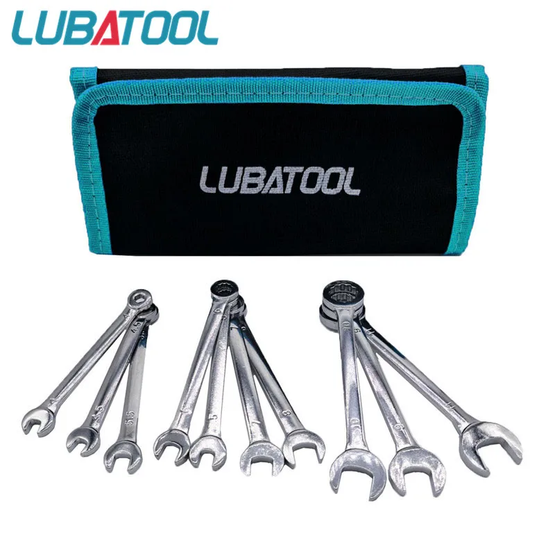 Фото LUBATOOL 10 шт. мини-легкий набор комбинированных ключей-органайзер с прокатным мешком метрическая 4-11 мм/SAE 5/32 