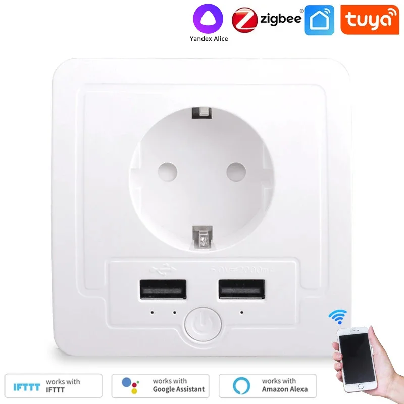 

Tuya Zigbee 3.0/Wifi Wall EU Socket 2 USB Charging Port Independent Control Timer Switch Programmable With Alexa Google Home