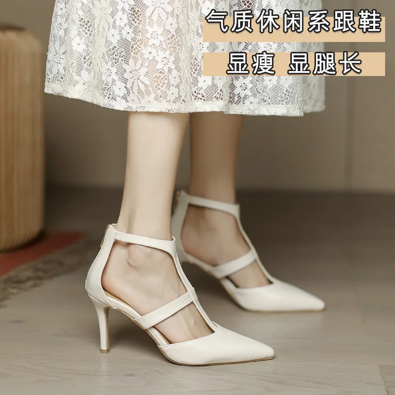 

Delicate T-Strap Gladiator Sandals Woman Solid Leather High Heels Cut-Out Stillettos Shoes Ladies Zip Closed Toe Sandales Femmes