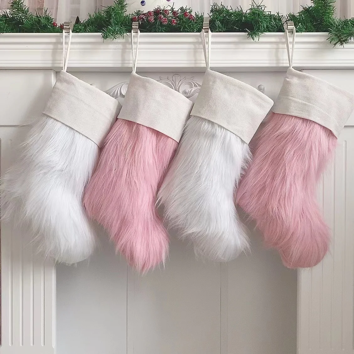 

Christmas Stocking Pink White Fur Christmas Tree Ornaments Decor Christmas Gift Bags New Year
