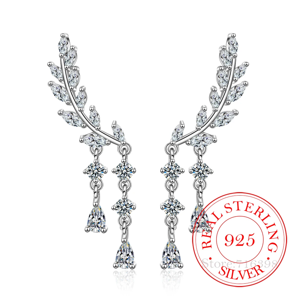 

100% Real 925 Sterling Silver Wings Tassel Long Earrings Zircon Charms Fashion Stud Earrings For Women Girls Jewelry luxe