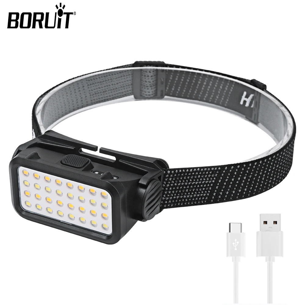 BORUiT COB LED Headlamp Warm light  Headlight 18650 5-light Mode Type-C Rechargeable Head Torch Waterproof Hiking Camping Light
