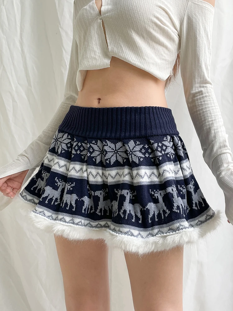 

WeiYao Cartoon Printed Pleated Skirts Fur Cute Holiday Fairycore Mini Skrits Women Korean Chic Prepply Outfits Aesthetic 90s