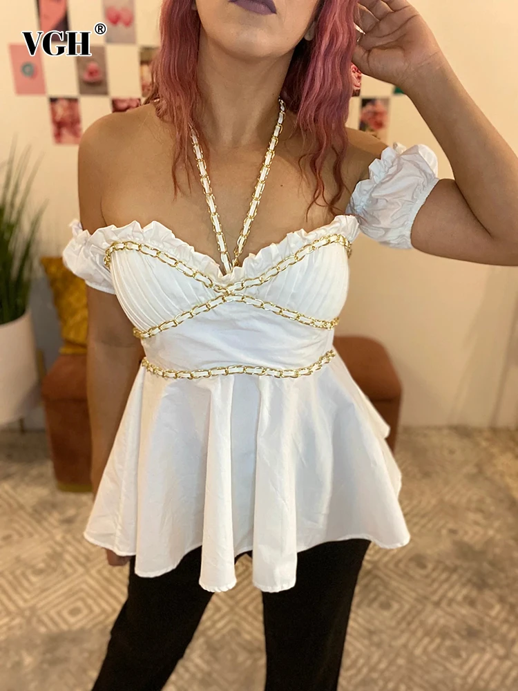 

Женская приталенная блузка VGH, однотонная Свободная рубашка с воротником-халтер на цепочке, пышными рукавами, открытыми плечами и рюшами, ле...