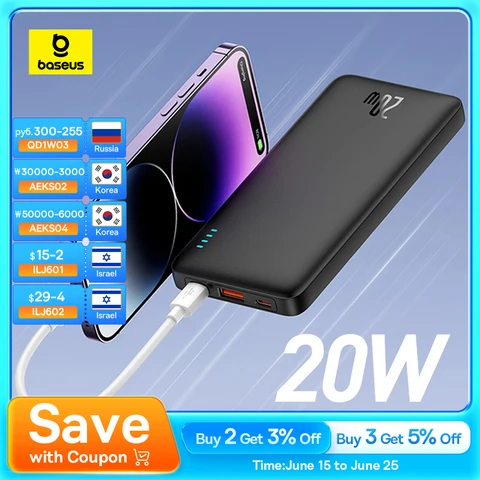 Baseus Airpow 20 Вт Power Bank 10000 мАч 20000 мАч Powerbank с быстрой зарядкой для iPhone 16/15/14/13/12 Xiaomi batterie externe