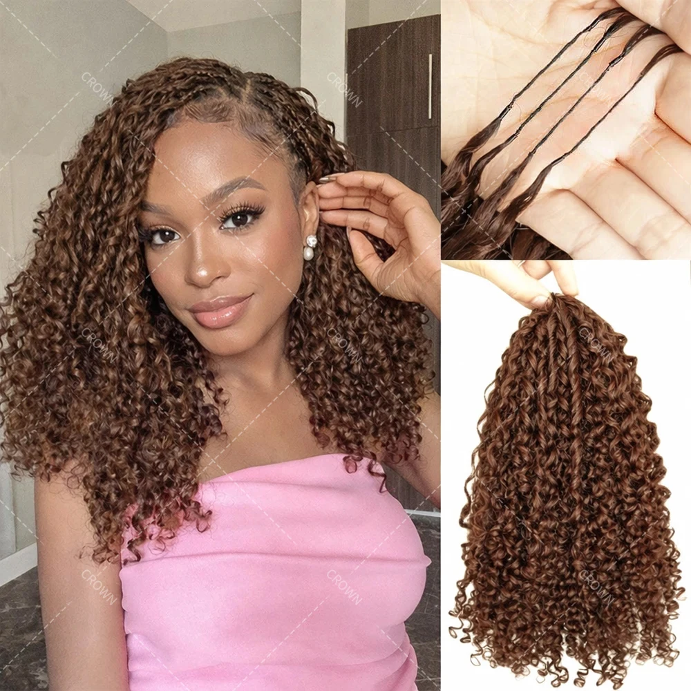 Burmese Curly Brown Crochet Human Hair Lightweight Knotless Feather Extensions Pre Separated Full Invisiable Knot With String