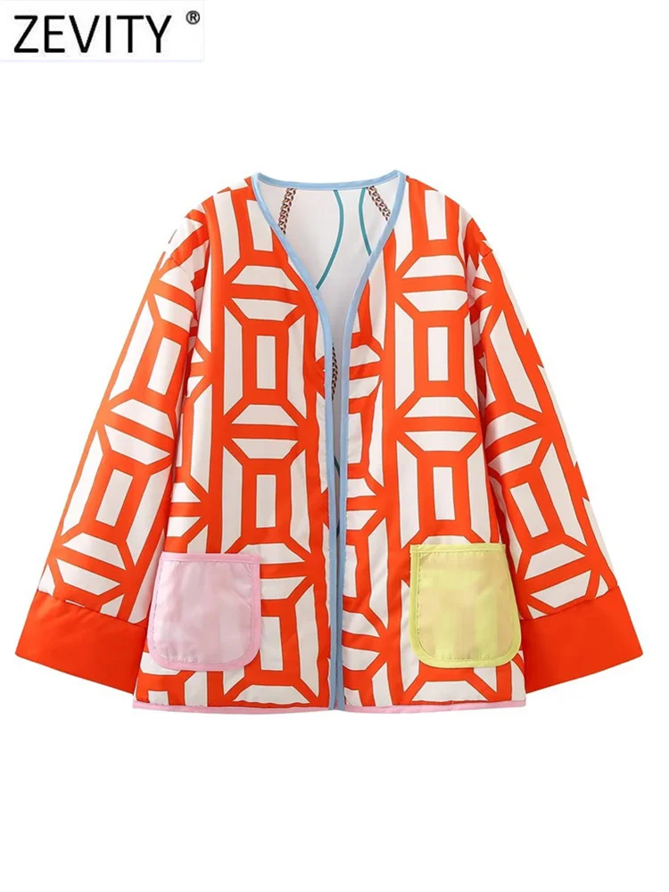 

ZEVITY 2023 Женская модная стеганая куртка с геометрическим принтом и цепочкой, женский стиль, шикарные топы CT5028