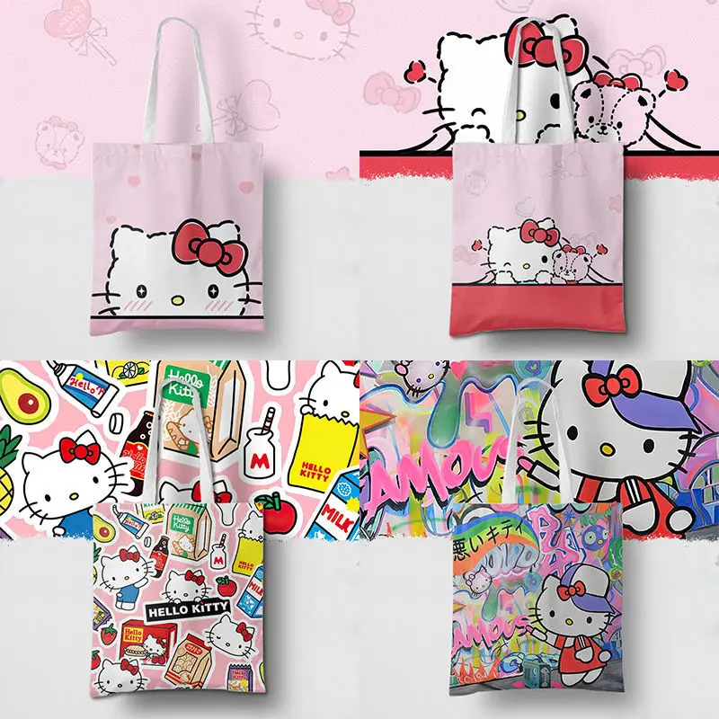 

Hello Kitty Canvas Bag Cute Female Handbag Cartoon Large Capacity Shopping Bag Girl Tote Bag Student File Bag